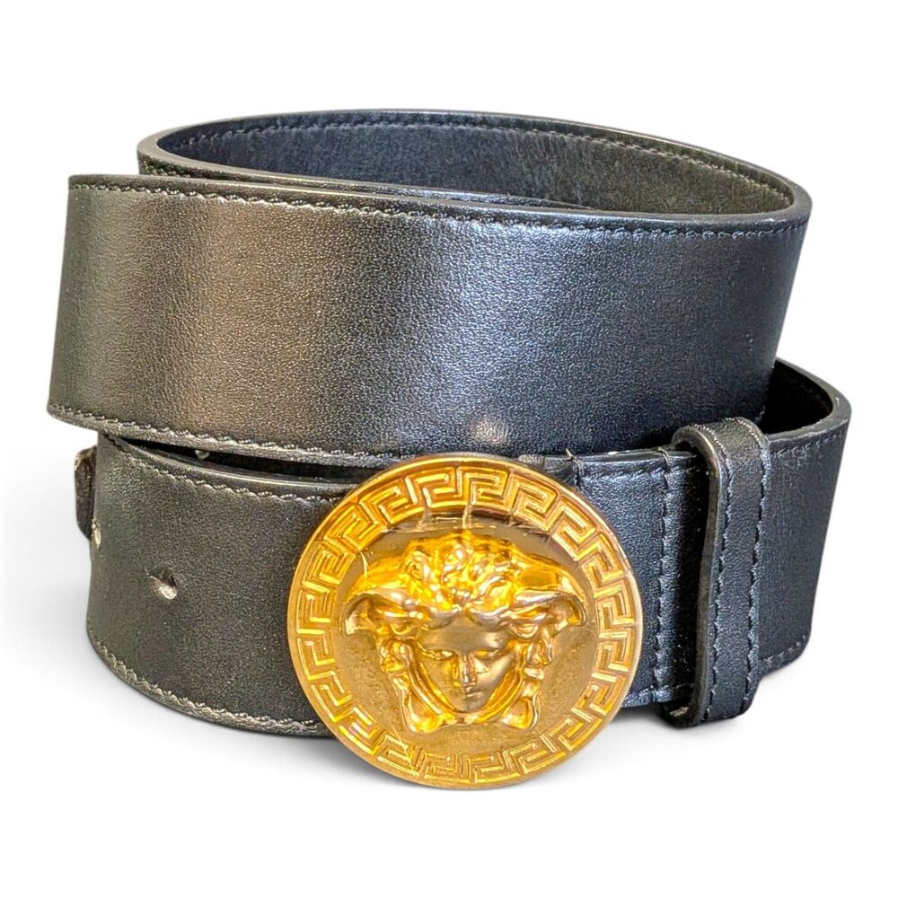 Versace Men's Belt Gold Medusa Buckle Black Calfskin Leather Belt **As Is See
